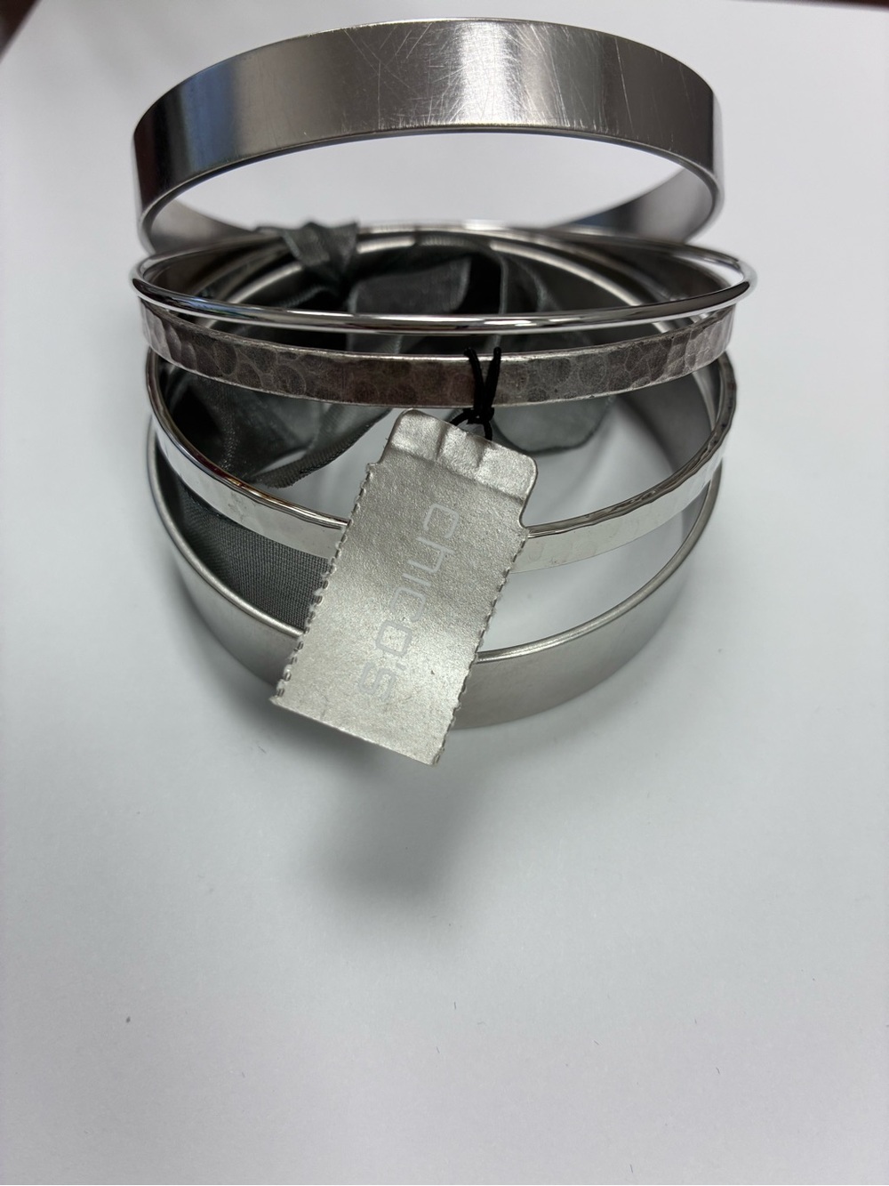 Chico's Rae Stackable Silver Bangle Bracelets Set Textured Mixed Metals NWT